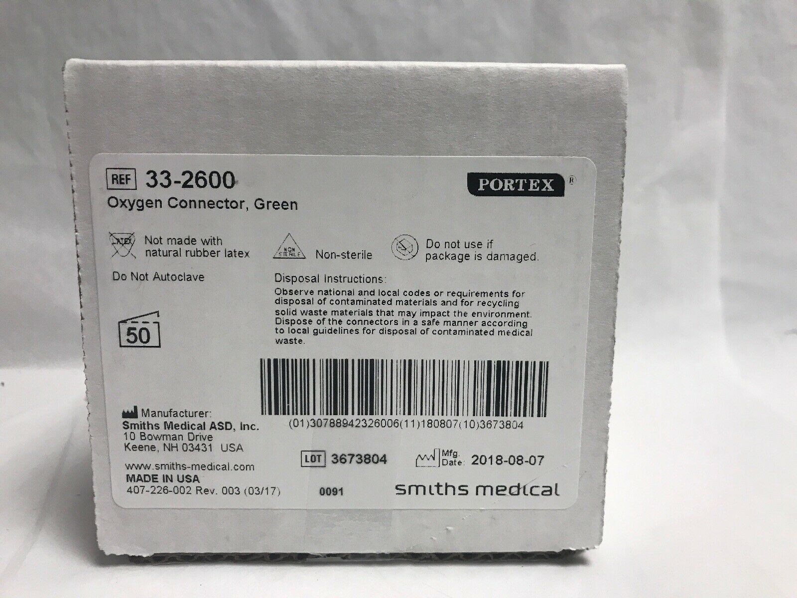 Smiths Medical Portex Oxygen Connector, Green, REF 33-2600 | Box of 50 (10KMD) DIAGNOSTIC ULTRASOUND MACHINES FOR SALE