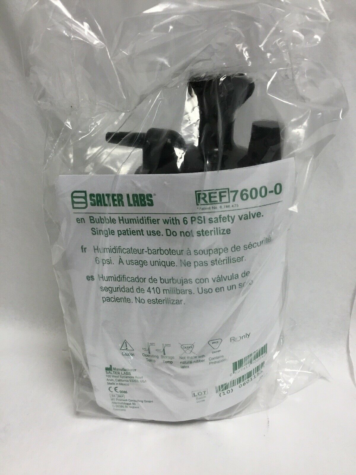 Salter Labs Bubble Humidifier With 6 PSI Safety Valve, 7600-0, Lot of 1 (49KMD) DIAGNOSTIC ULTRASOUND MACHINES FOR SALE