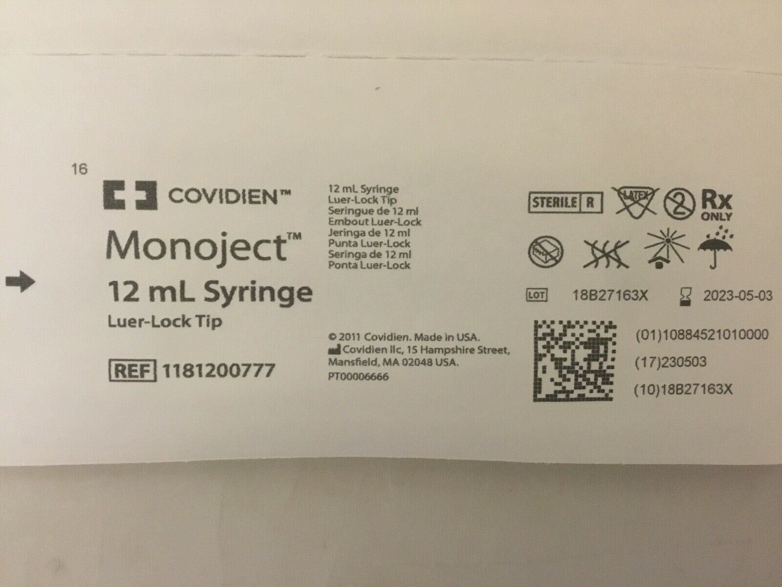 Covidien MONOJECT 12ml Syringe with Luer-Lock Tip, Exp. 05/03/2023 (615KMD) DIAGNOSTIC ULTRASOUND MACHINES FOR SALE