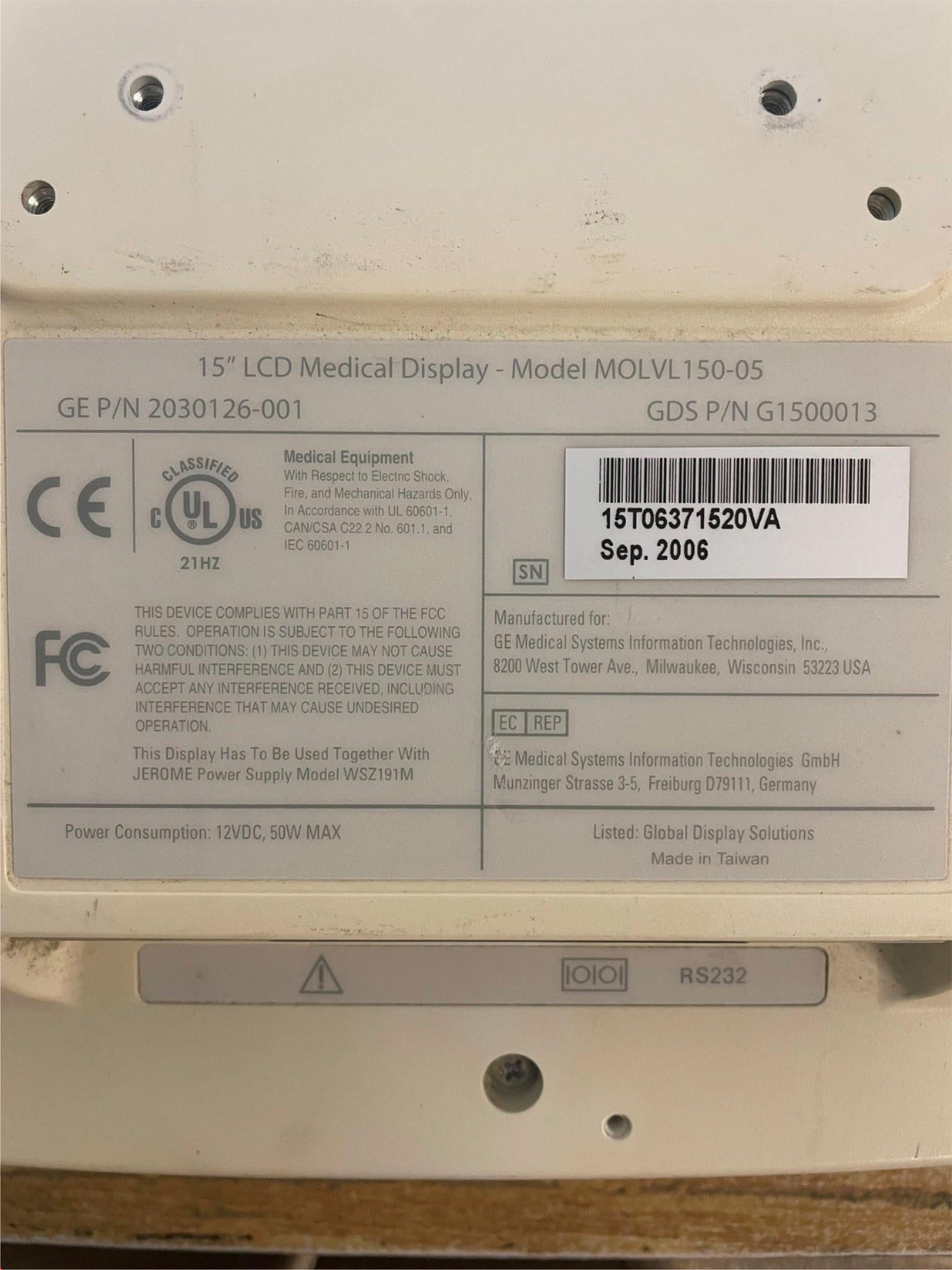 GE 15" LCD Medical Display- MODEL MOLVL150-05 DIAGNOSTIC ULTRASOUND MACHINES FOR SALE