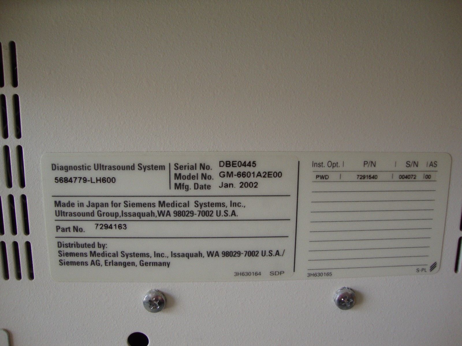 siemens sienna  diagnostic  ultrasound system GM-6601A2E00   2002 DIAGNOSTIC ULTRASOUND MACHINES FOR SALE