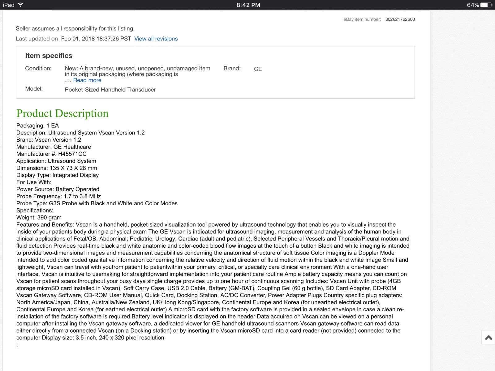 GE Vscan Ultrasound System Vscan Version 1.2 (1 EA) (GE Healthcare H45571CC) DIAGNOSTIC ULTRASOUND MACHINES FOR SALE