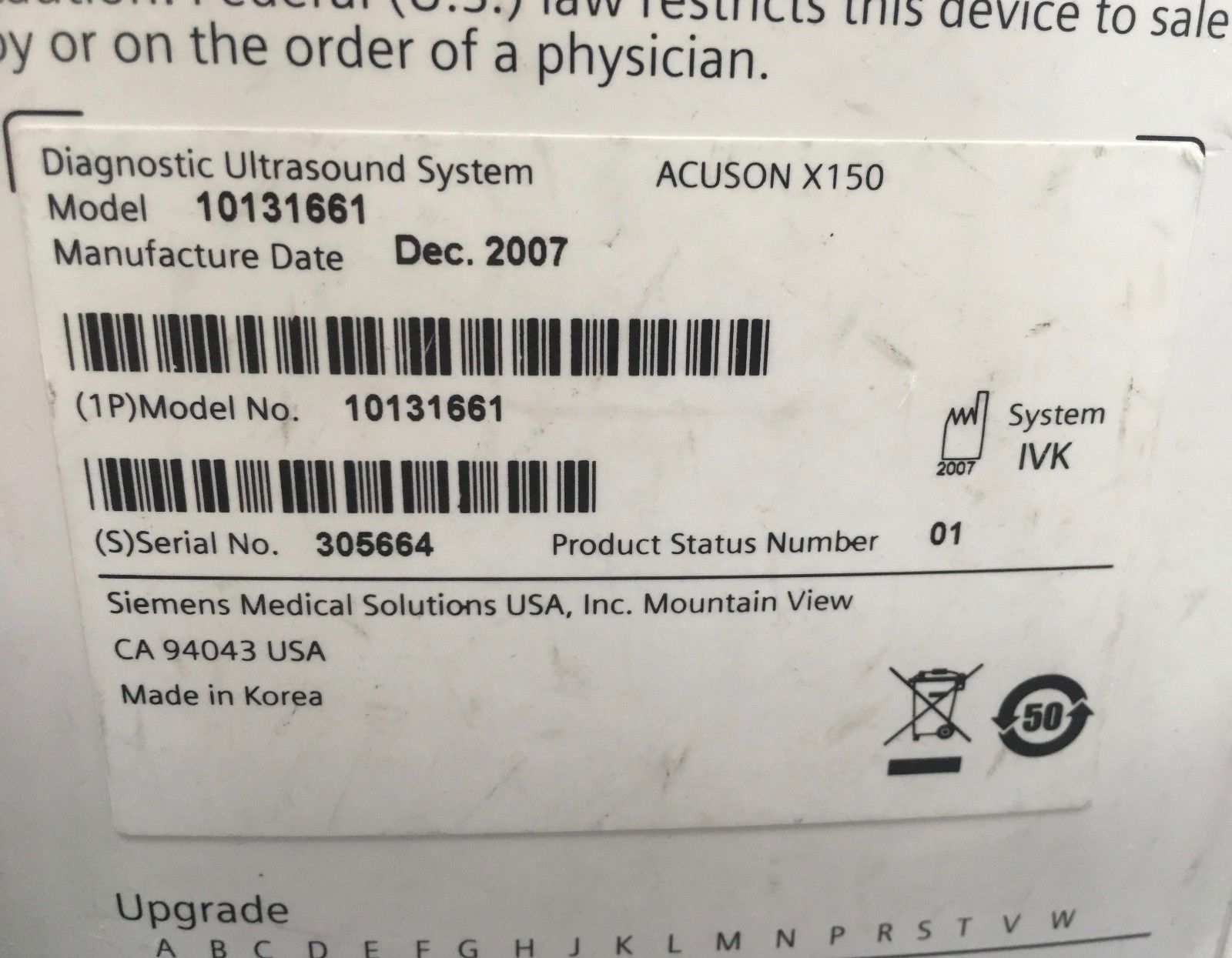 2007 Siemens Acuson X150 Ultrasound Model 10131661 DIAGNOSTIC ULTRASOUND MACHINES FOR SALE