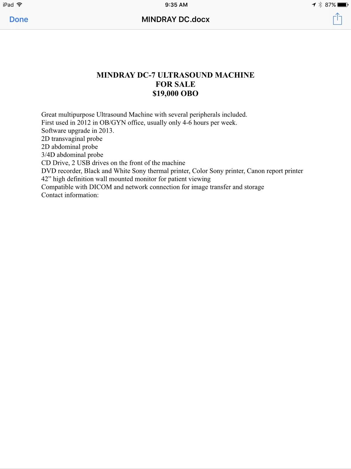 Mindray Ultrasound DC 7 DIAGNOSTIC ULTRASOUND MACHINES FOR SALE