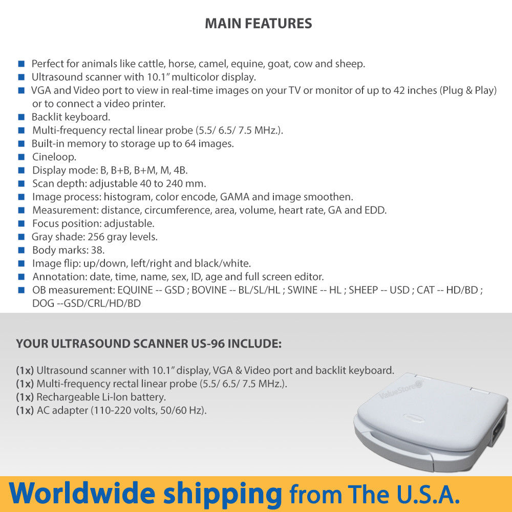 Ultrasound Scanner Veterinary US-96 with 7.5 MHz Rectal Probe for Horse, Cattle. DIAGNOSTIC ULTRASOUND MACHINES FOR SALE