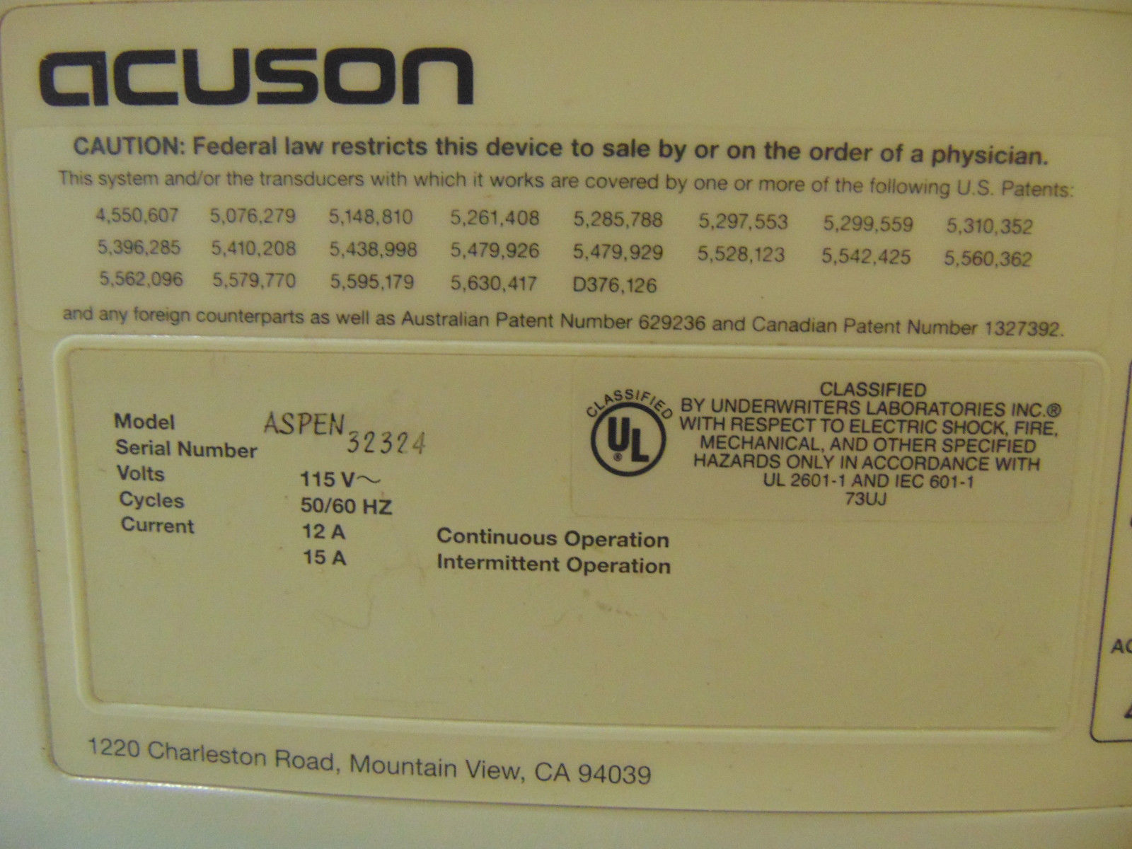 Acuson Aspen Ultrasound System With Foot Control & 3 Probes-Powers Up-SR265 DIAGNOSTIC ULTRASOUND MACHINES FOR SALE